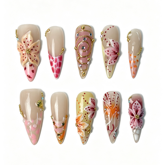 Peach Filigree long stiletto press on nails, nude peach pink gradient with translucent pink flower, gilded swirl, polka dot and rhinestone decor
