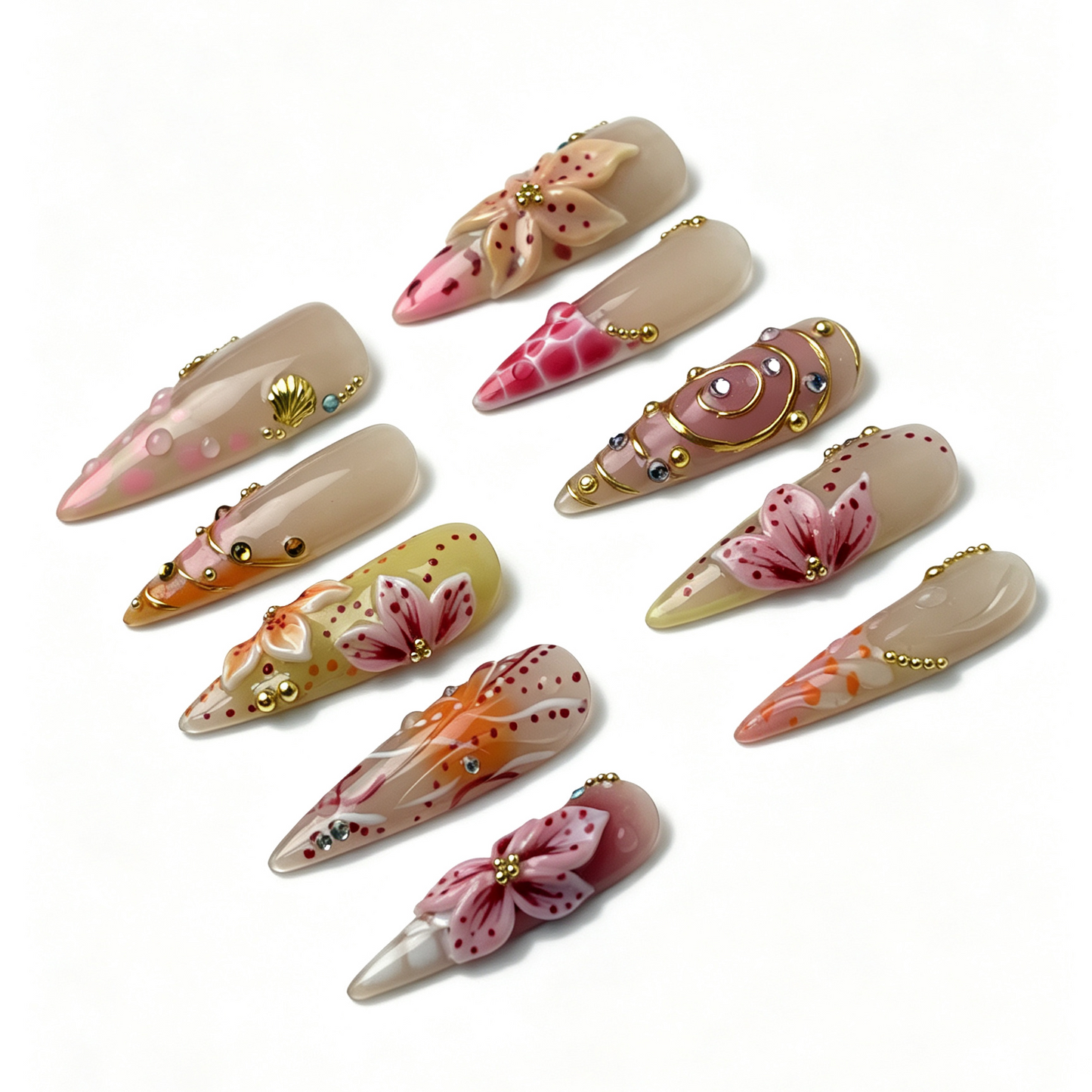 Peach Filigree spring fake nail set, sheer nude peach gradient base, sculpted floral, gold line and scattered clear rhinestone details