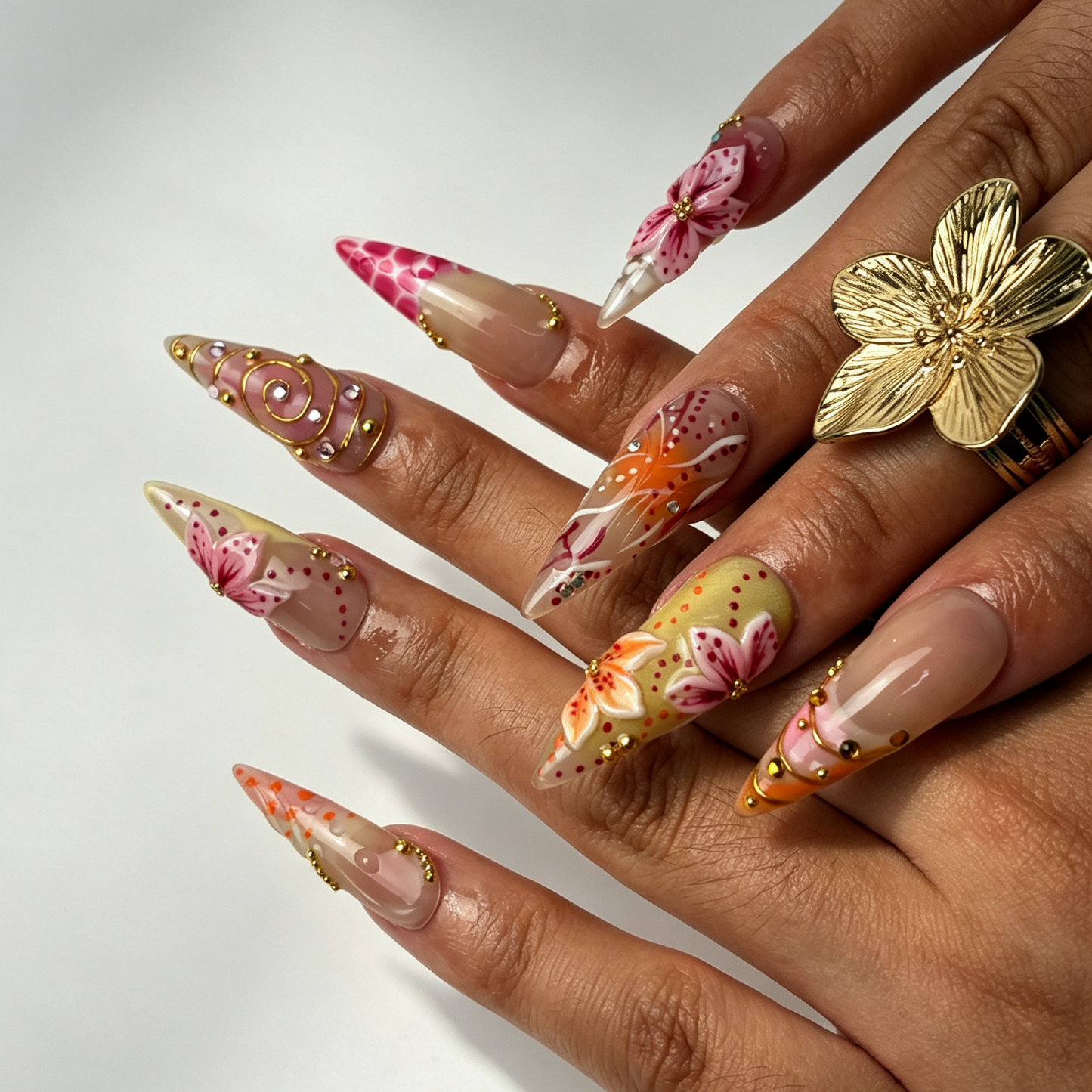 Peach Filigree peach pink gradient stiletto press on nails worn on hand, gilded floral polka dot soft spring nail art