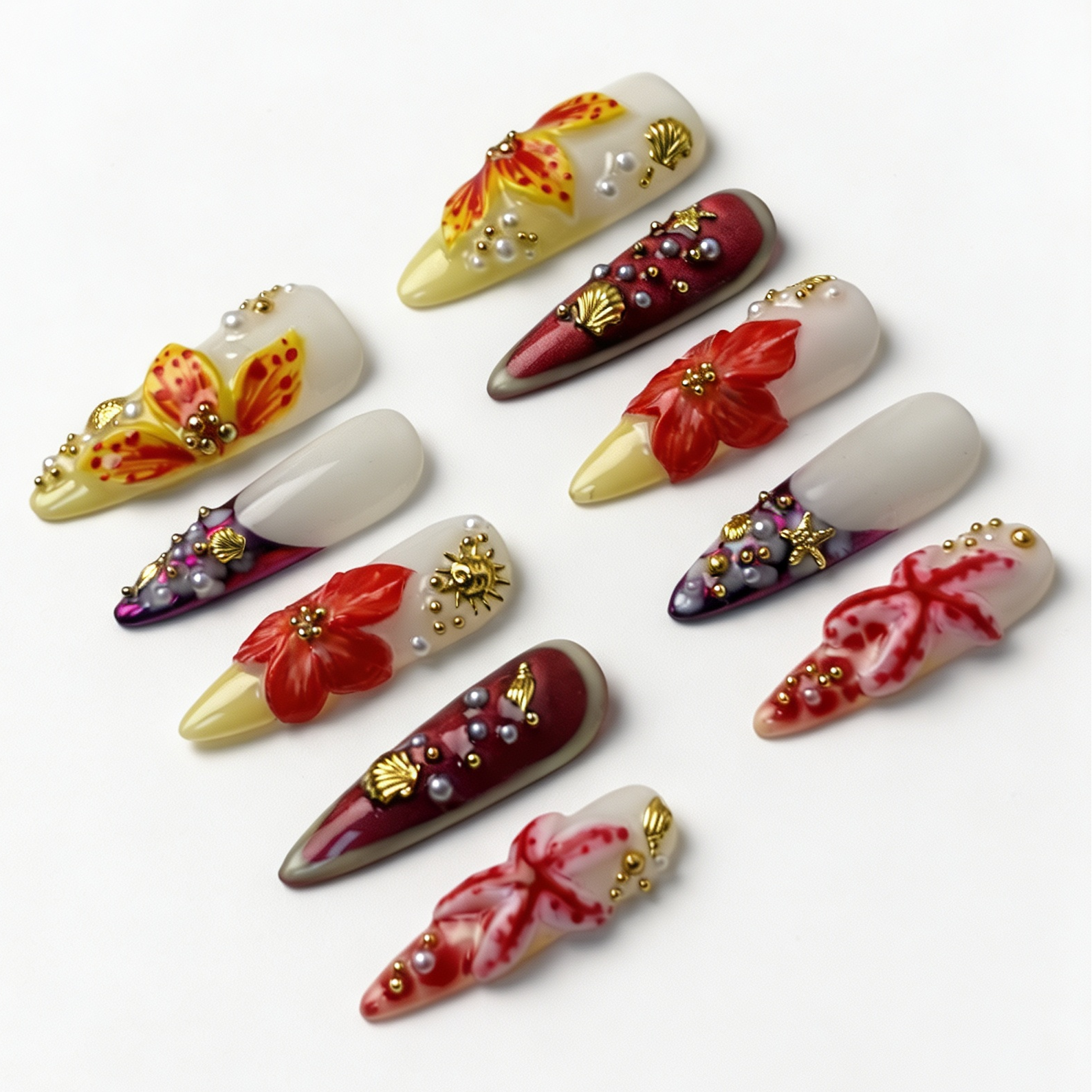 Coral Tide summer ocean fake nail set, dual white-coral gradient base, sculpted floral, sea shell starfish and pearl embellishments