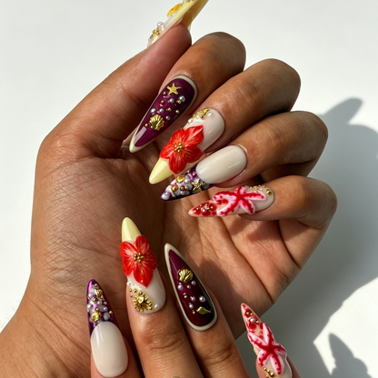 Coral Tide coral red gradient stiletto press on nails worn on hand, seashell starfish tropical flower summer beach nail art