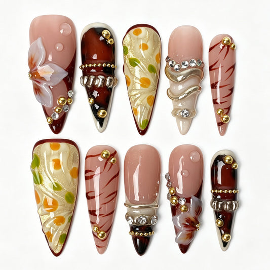 Long stiletto press‑on nails, vintage wine‑red nude‑pink 3D floral gold bead rhinestone fake nails