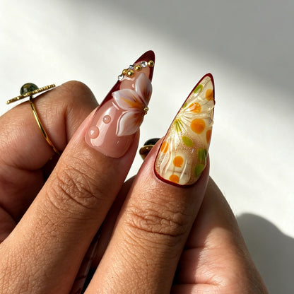 Glossy Retro Bloom stiletto press‑on nails for party special occasions