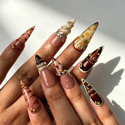 Vintage wine‑red nude‑pink long stiletto reusable false nails handmade salon style