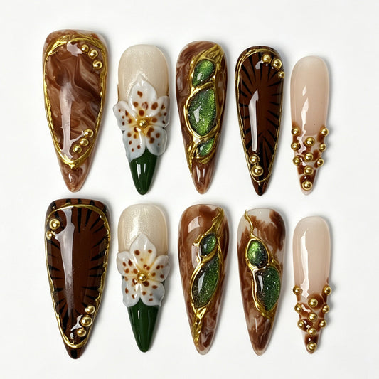 Long stiletto press‑on nails, brown marble gold‑foil 3D floral green glitter luxury fake nails