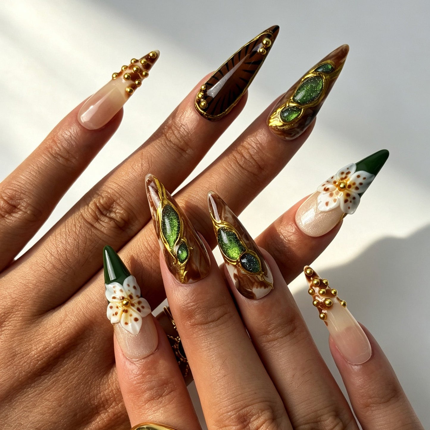 Warm brown marble gold‑trim long‑stiletto reusable false nails handmade salon style