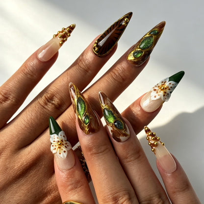 Warm brown marble gold‑trim long‑stiletto reusable false nails handmade salon style