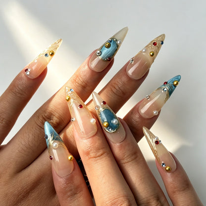 Aqua Gild textured stiletto press‑on nails on‑hand, evening party manicure