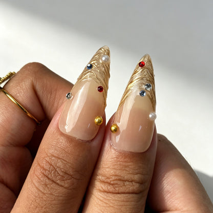 Glossy Aqua Gild stiletto press‑on nails for date night evening events