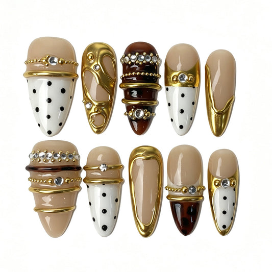 Gilded Dot Tortoise Polka Dot Gold Almond Press On Nails