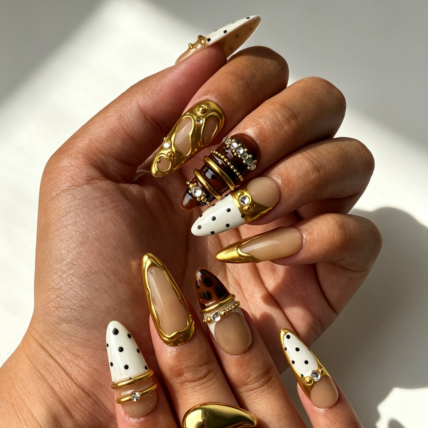 Vintage tortoise print almond press on nails gold manicure