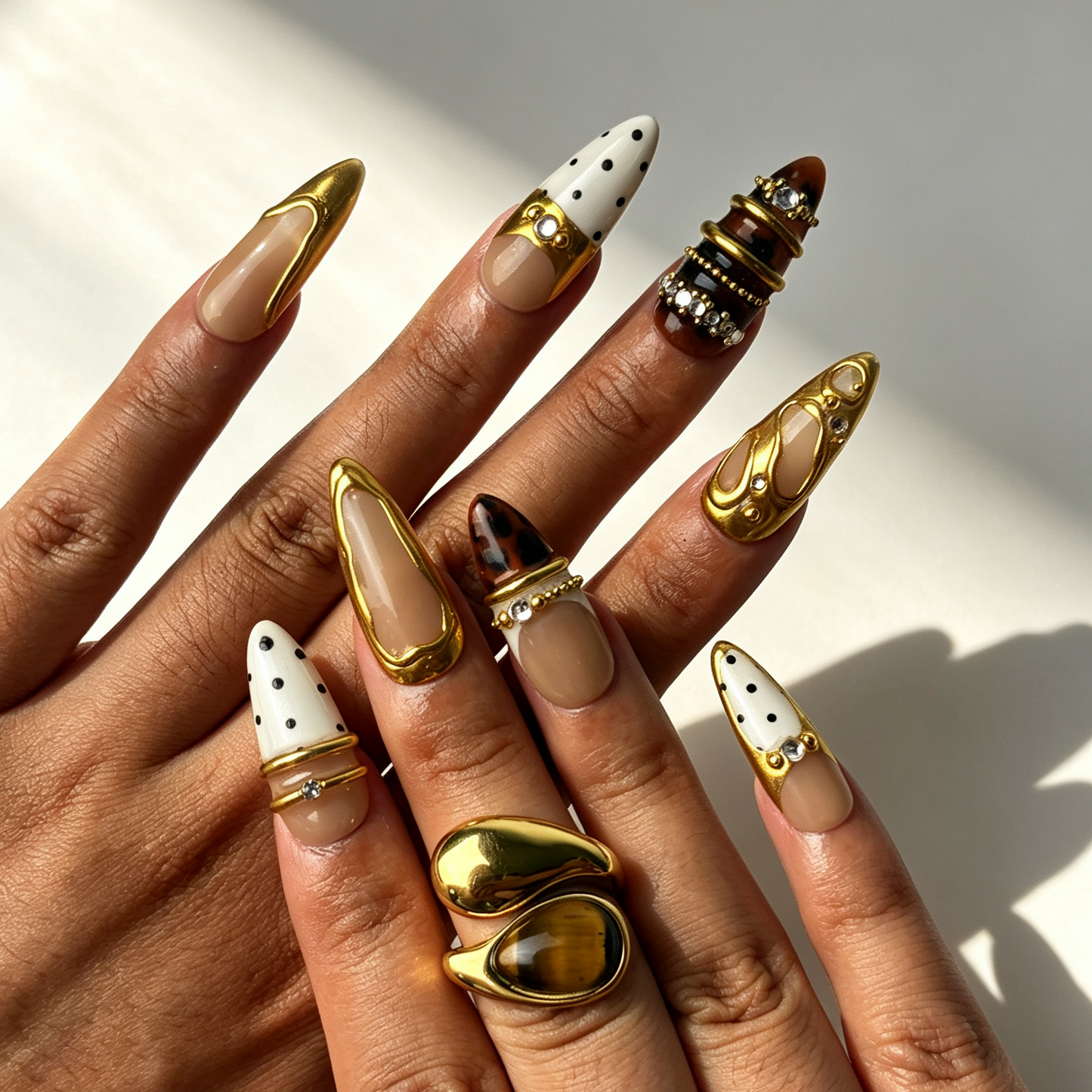 Hands wearing Gilded Dot polka dot tortoise almond press on nails