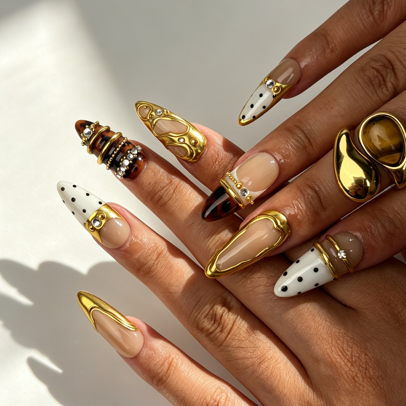 Gilded Dot Luxury Rhinestone Almond Nails Hand Wearing Effect