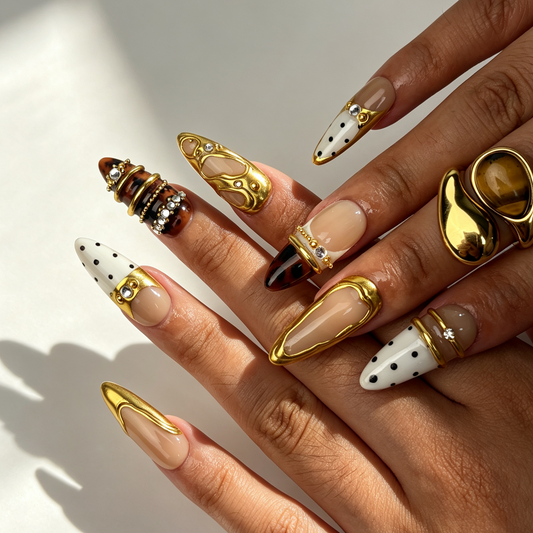 Gilded Dot Luxury Rhinestone Almond Nails Hand Wearing Effect