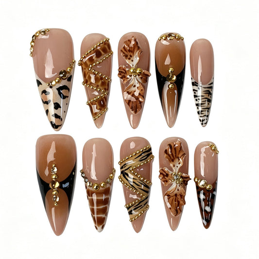 Wild Leopard Luxury Stiletto Press On Nails Leopard Print 3D Bow Nails