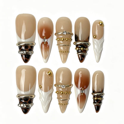Amber Ring Luxury Long Stiletto Press On Nails Tortoise Metal Rhinestone Nails
