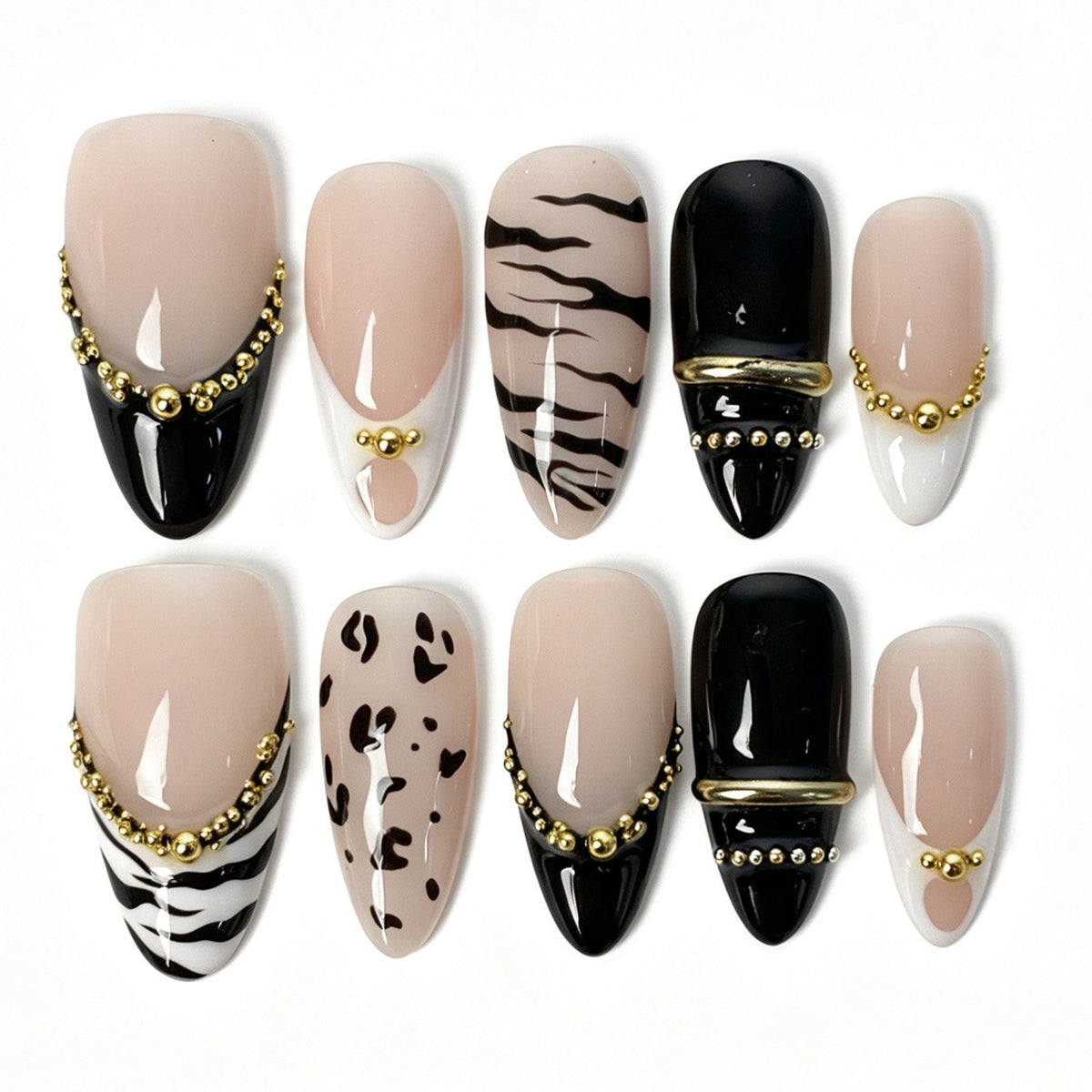 Handmade almond press on nails, nude pink French tip zebra leopard gold chain false nails for women