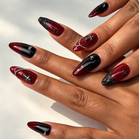 Noir Seraph almond press on nails, red black gothic angel wing nail art on hand