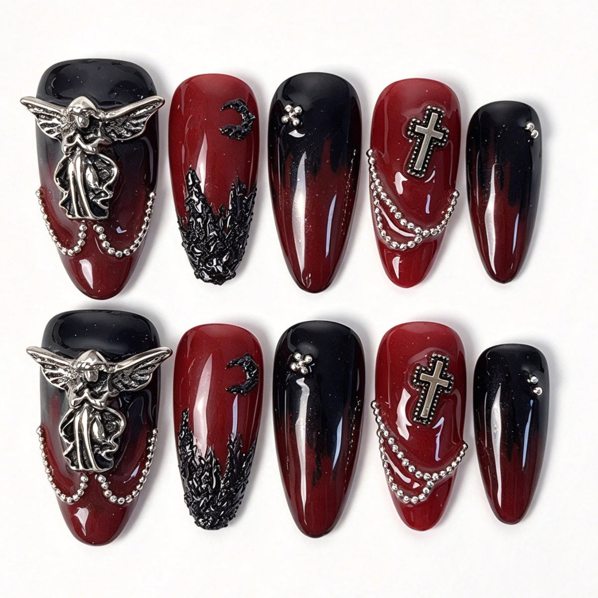 Noir Seraph handmade almond press on nails, red black gradient silver angel wing cross pearl chain gothic Halloween