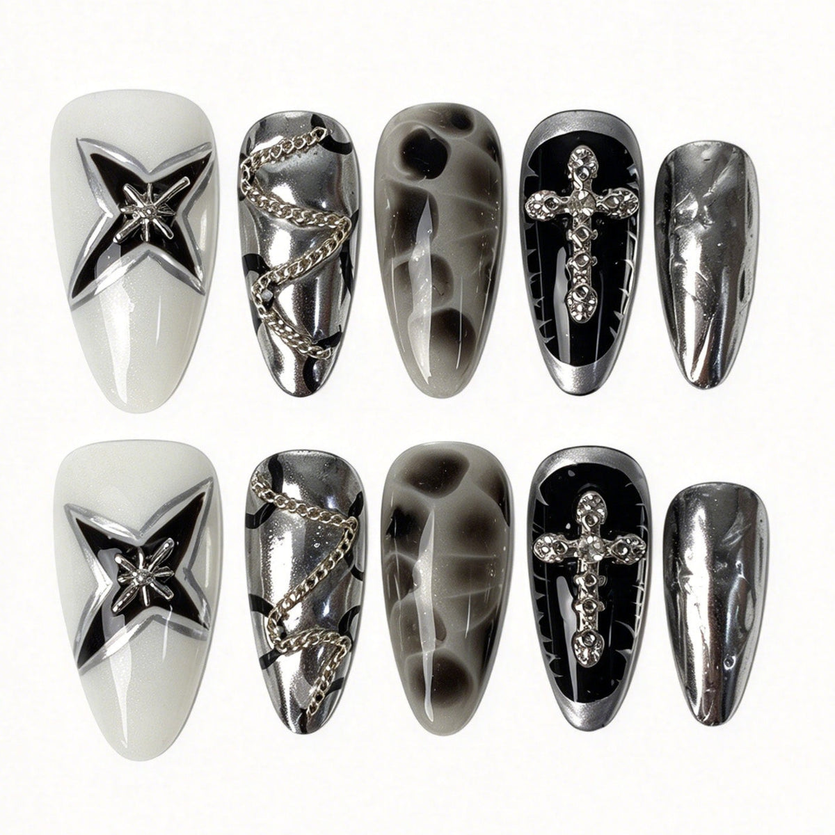 Noir Star handmade almond press on nails black silver star rhinestone cross smoky marble Y2K gothic false nails