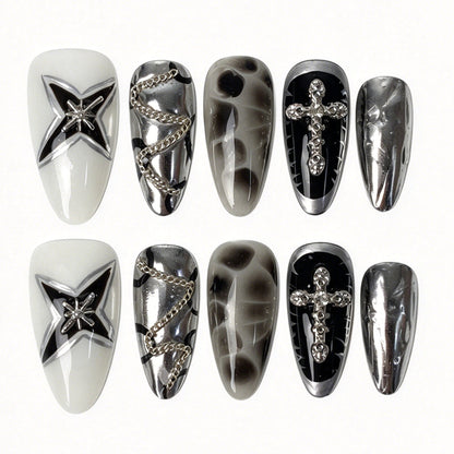 Noir Star handmade almond press on nails black silver star rhinestone cross smoky marble Y2K gothic false nails