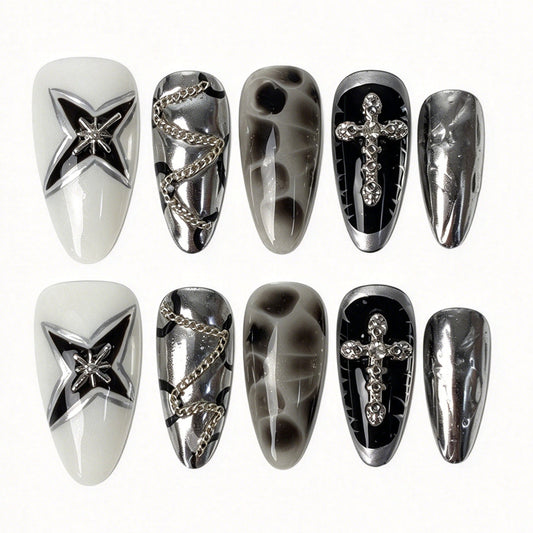 Noir Star handmade almond press on nails black silver star rhinestone cross smoky marble Y2K gothic false nails
