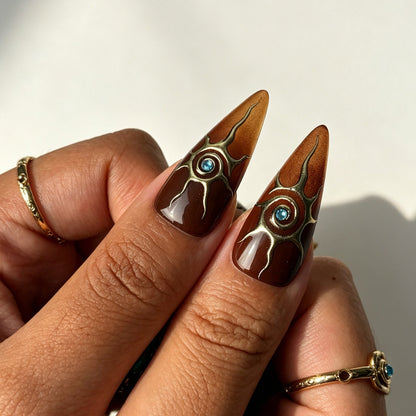 Dark brown gradient stiletto press‑on nails, edgy animal‑print handmade nail set