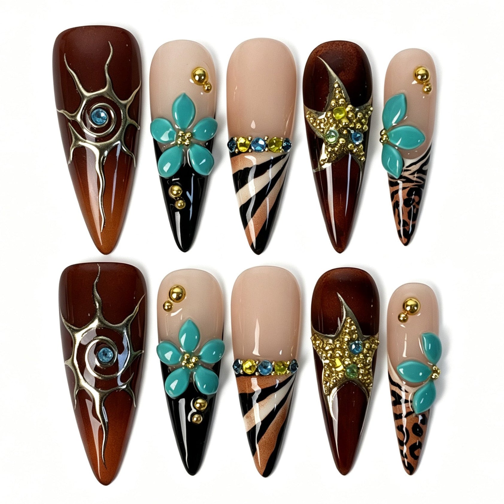 Panther Noir stiletto press‑on nails, teal 3D flower with zebra‑leopard retro nail art