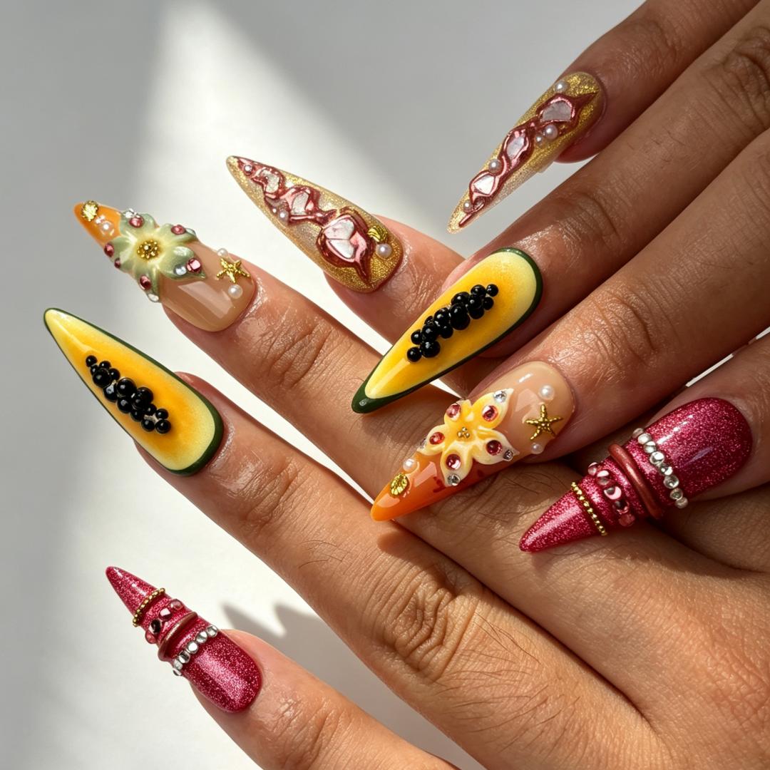 Papaya Bloom papaya fuchsia gradient long stiletto press on nails worn on hand, pink floral shell vintage party nail art