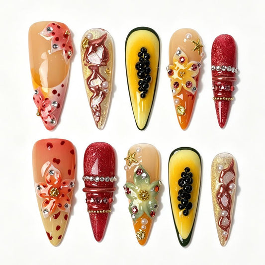 Papaya Bloom long stiletto press‑on nails, warm papaya gradient 3D flower handmade fake nails