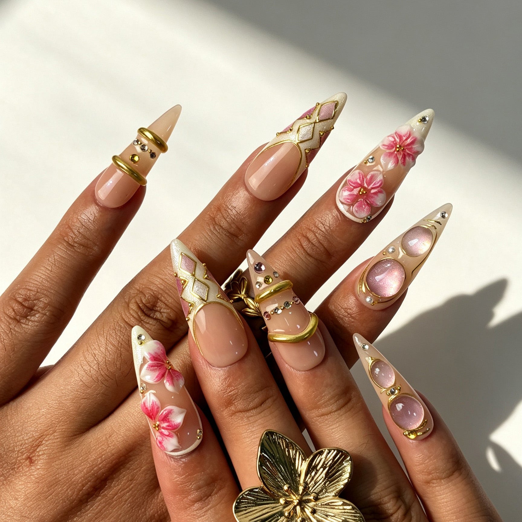 Romantic 3D flower stiletto press‑on nails bridal party manicure