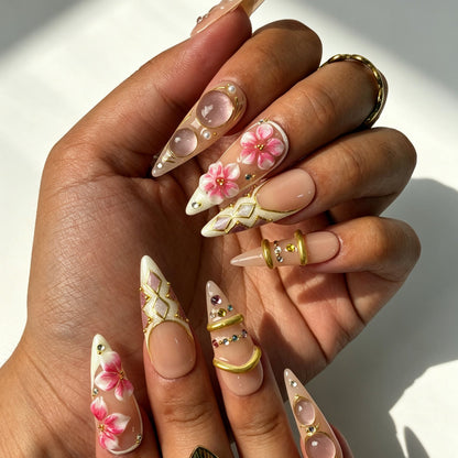Romantic 3D flower stiletto press‑on nails bridal party manicure