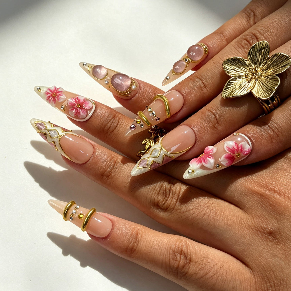 Petal Gleam handmade stiletto press‑on nails real‑hand close‑up