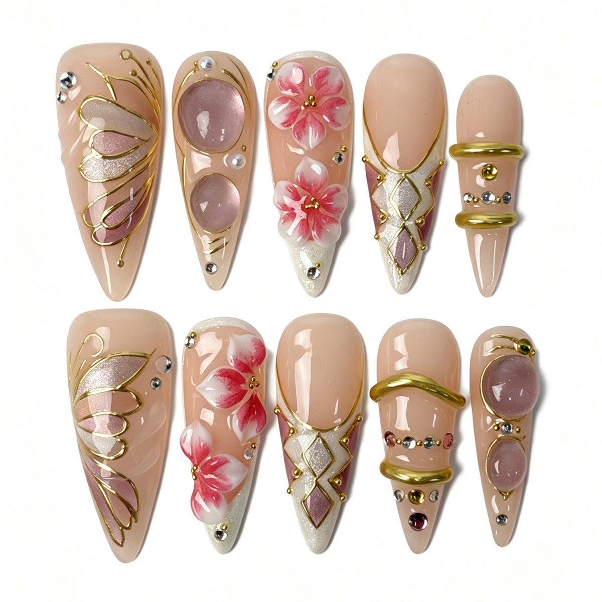 Petal Gleam nude stiletto press‑on nails 3D pink flower gold wire crystal rhinestone bridal nails