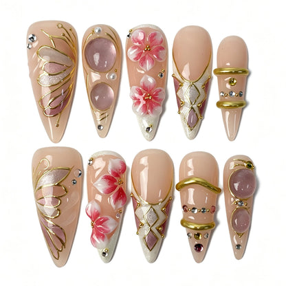 Petal Gleam nude stiletto press‑on nails 3D pink flower gold wire crystal rhinestone bridal nails