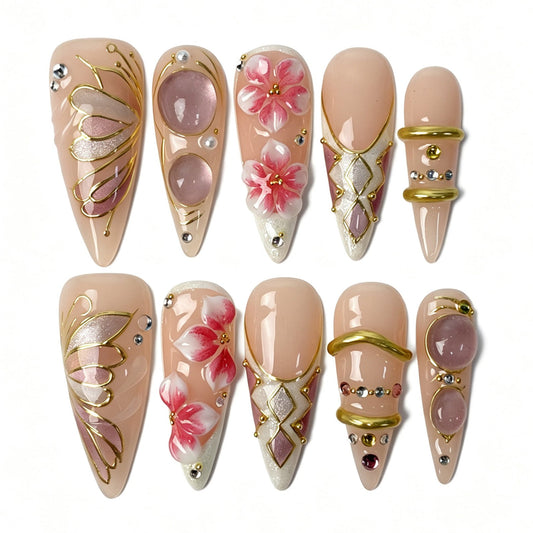 Petal Gleam nude stiletto press‑on nails 3D pink flower gold wire crystal rhinestone bridal nails