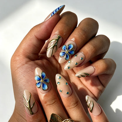 Handmade blue floral zebra french press‑on nails, porcelain‑inspired almond reusable false nails
