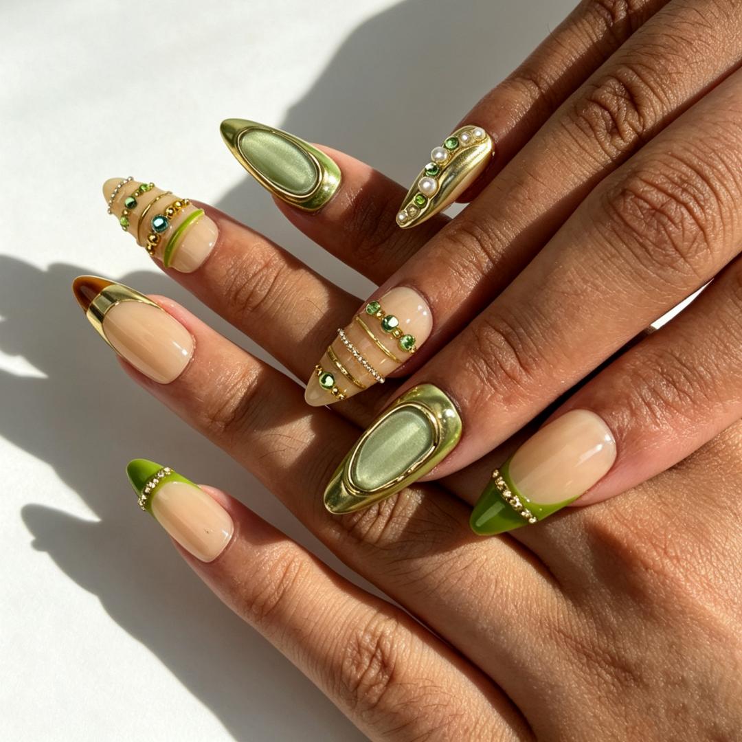 Sage Gilded elegant medium almond false nails close-up, metallic sage green gold frame pearl formal manicure