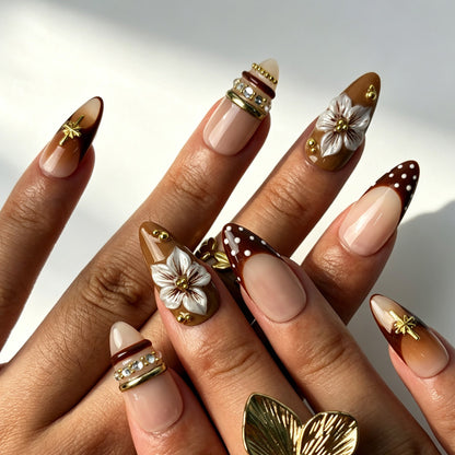 Warm retro fall sepia bloom press-on nails, medium almond floral false nails for autumn dates