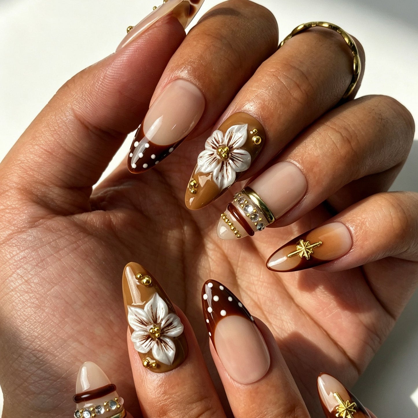 Vintage reusable almond press-on nails, sepia floral design with gold star and rhinestone