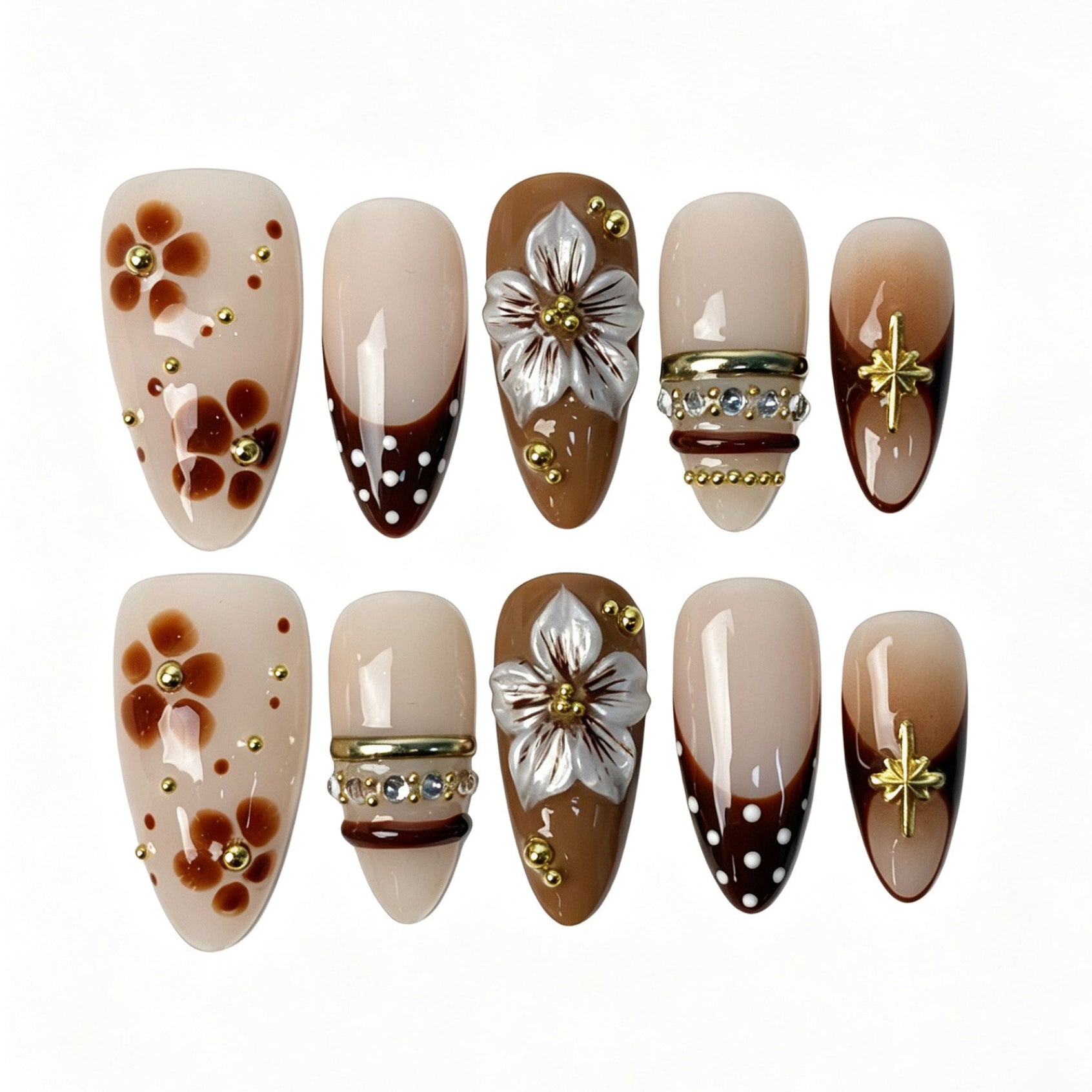 Sepia brown floral almond press on nails, 3D flower polka dot french fake nails with star rhinestone