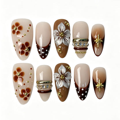 Sepia brown floral almond press on nails, 3D flower polka dot french fake nails with star rhinestone