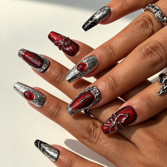Model hand wearing Silver Petal coffin gothic reusable press on nails