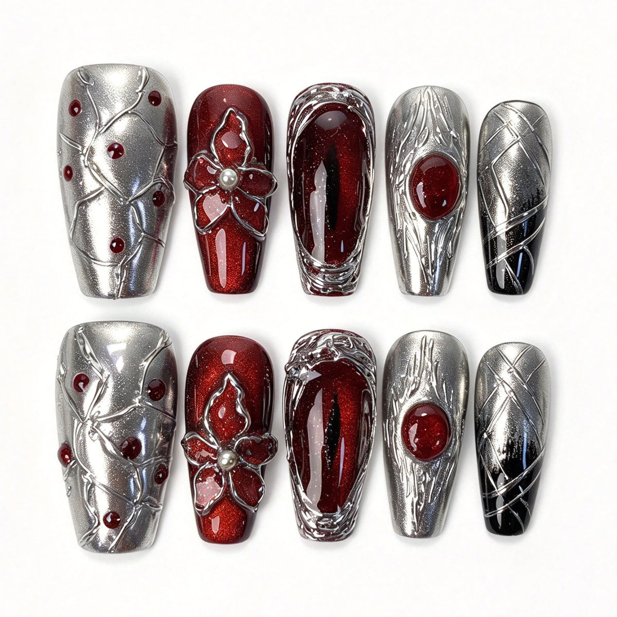 Silver Petal handmade coffin press on nails silver crack burgundy 3D flower pearl red gem gothic false nails