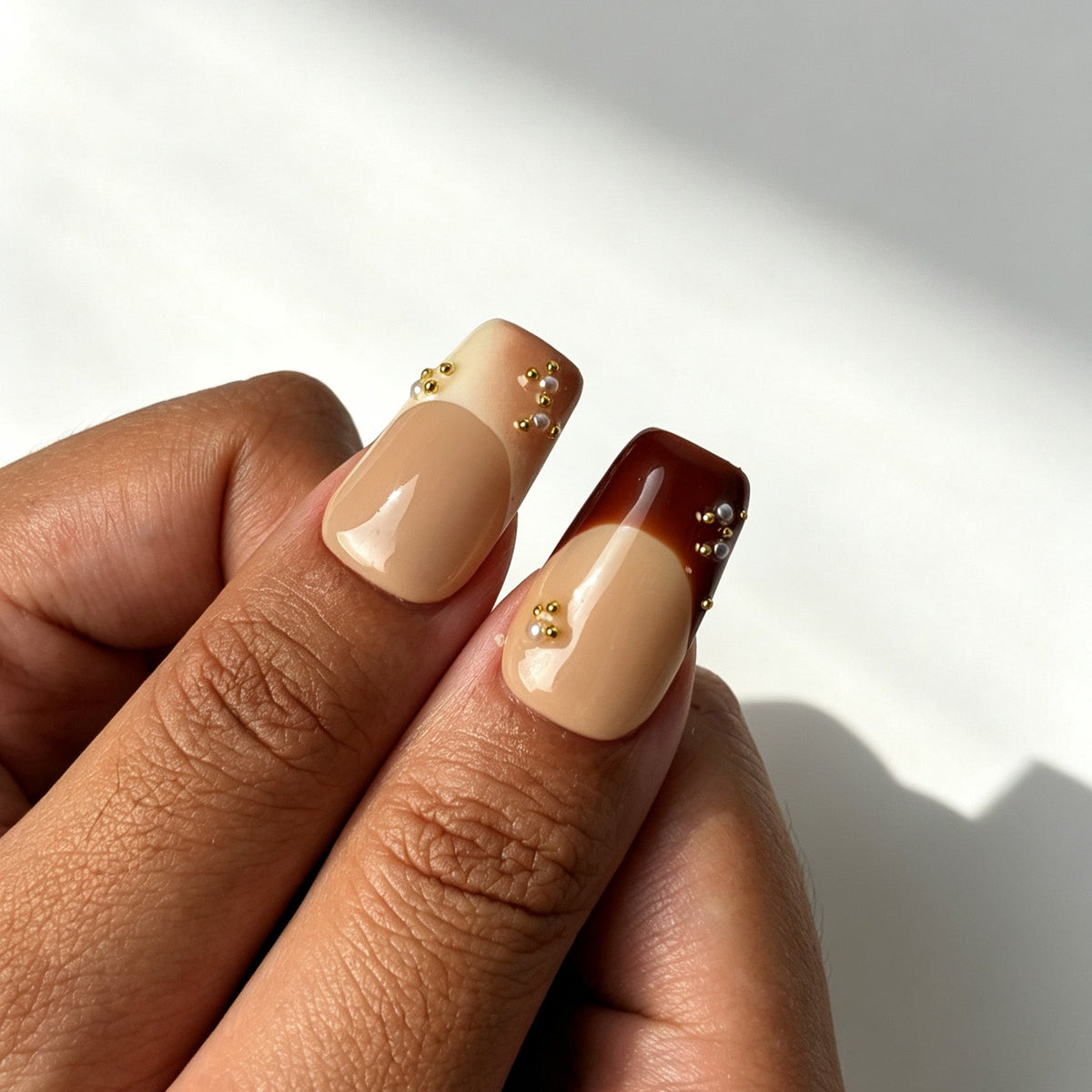Elegant square press on nails, nude burgundy ombre, gold bead, pearl, starburst pattern and 3D flower