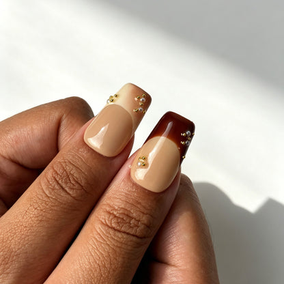 Elegant square press on nails, nude burgundy ombre, gold bead, pearl, starburst pattern and 3D flower