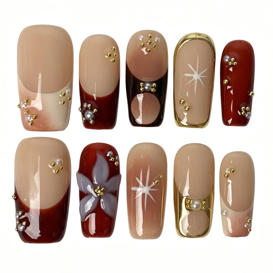 Handmade square press on nails, nude burgundy ombre gold bead pearl starburst 3D flower elegant false nails for women