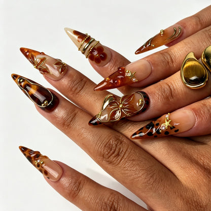 Amber Gold handmade stiletto press on nails, luxurious vintage golden autumn nail art on hand