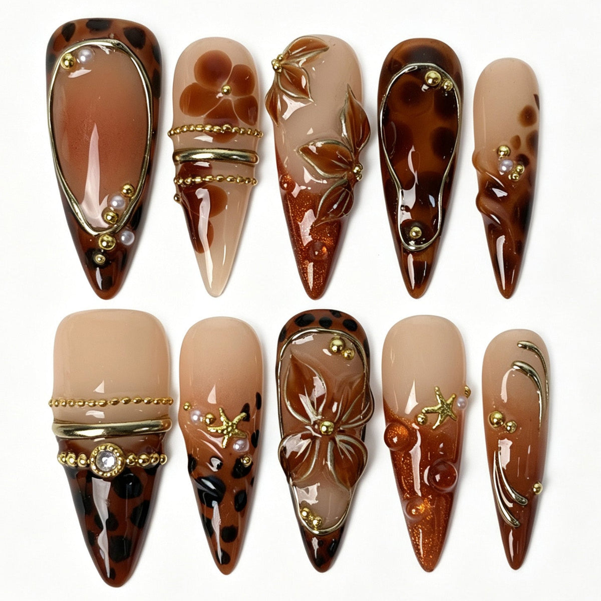 Handmade stiletto press on nails, nude amber gradient champagne gold glitter tortoiseshell gold chain leaf luxury false nails for women