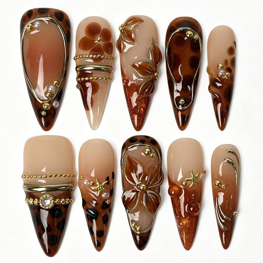 Handmade stiletto press on nails, nude amber gradient champagne gold glitter tortoiseshell gold chain leaf luxury false nails for women